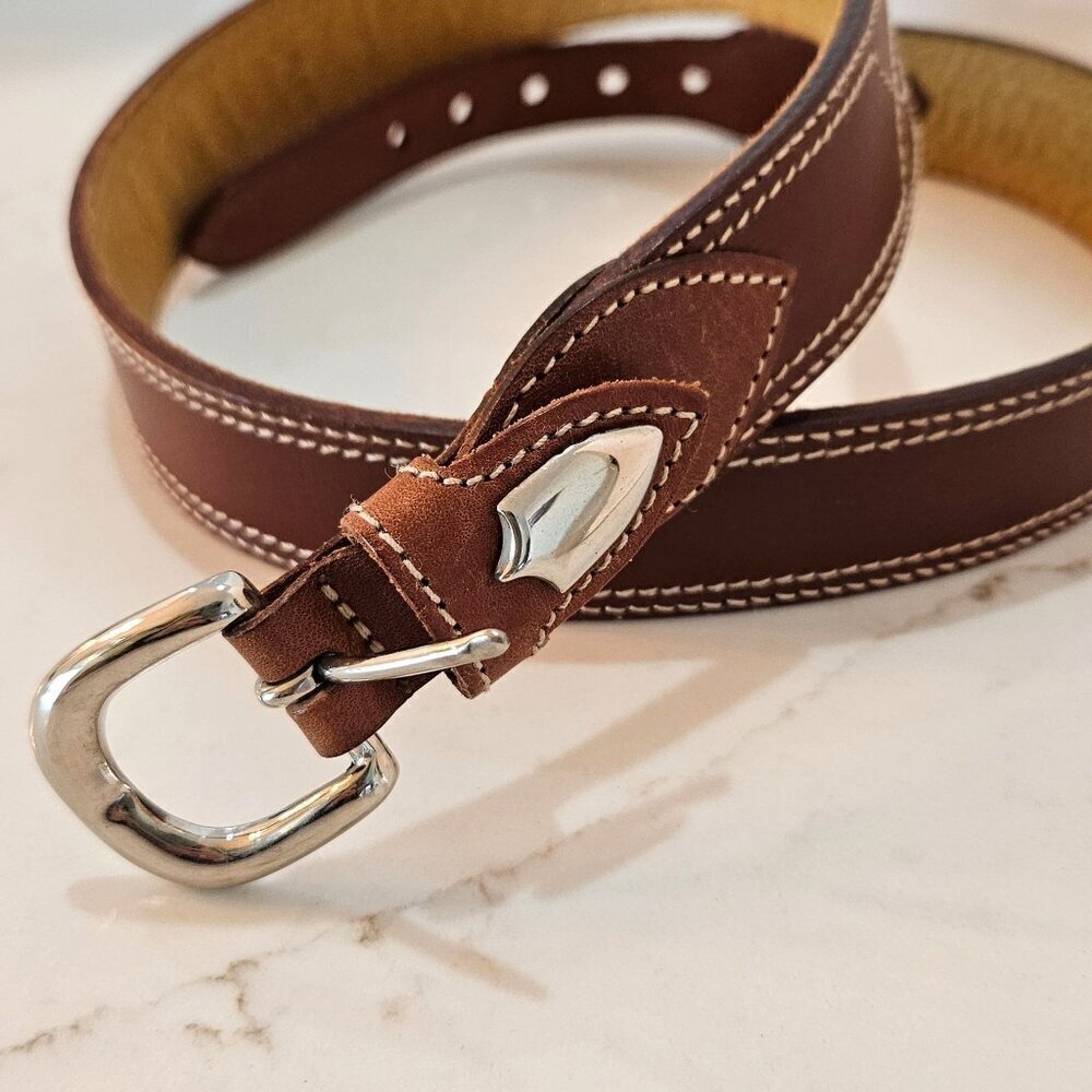 Cinderella Brown Leather Belt With Silver‎ Buckle & Contrast Stitching M/L Size